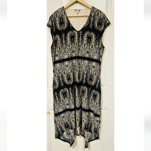 WORLD Unity Shift Lace comfy Vneck Dress Black Green Paisley Hi-Low Hem size XL